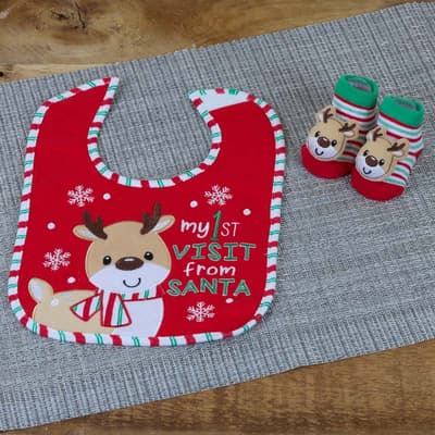 My First Visit From Santa Reindeer Infant Bib and Rattle Sock Set