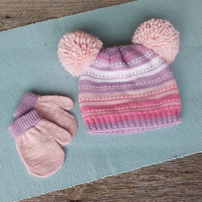 Infant Double Pom Sparkle Pink and Purple Hat and Glove Set