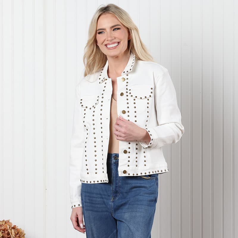 Ivory Denim Jacket with Studs - Cracker Barrel