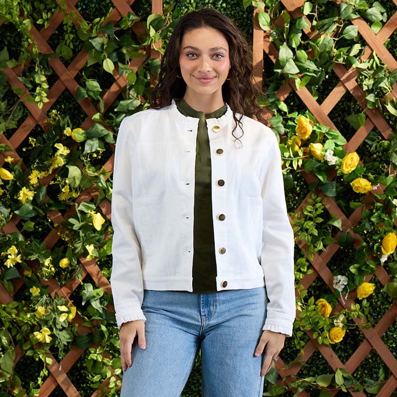 White Denim Ruffle Jacket - Cracker Barrel