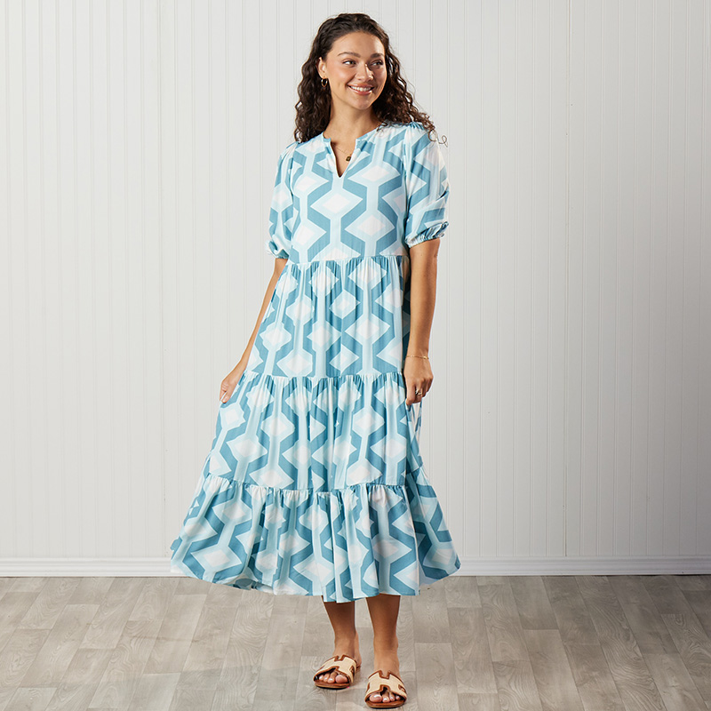 Blue Geo Print Midi Dress - Cracker Barrel