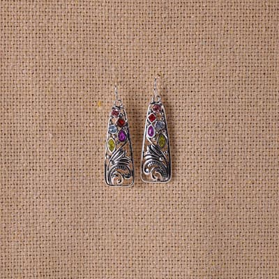 Silver Multi Gem Scrollwork Earrings