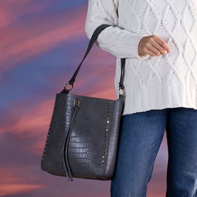 Dark Gray Croc with Studs Shoulder Bag