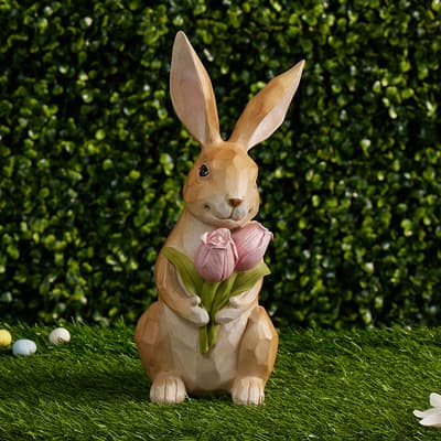 Wooden Bunny with Flower Bouquet