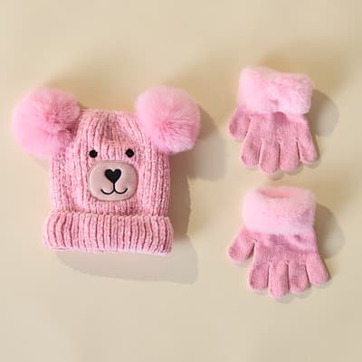 Toddler Double Pom Bear Face Hat and Glove Set