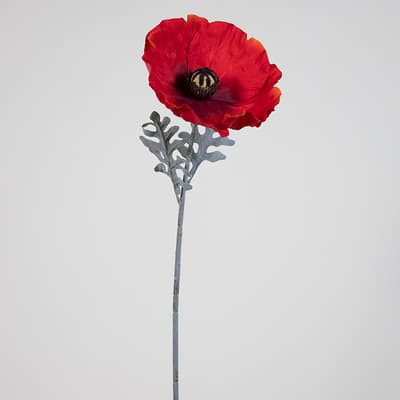 Faux Red Poppy Flower Stem