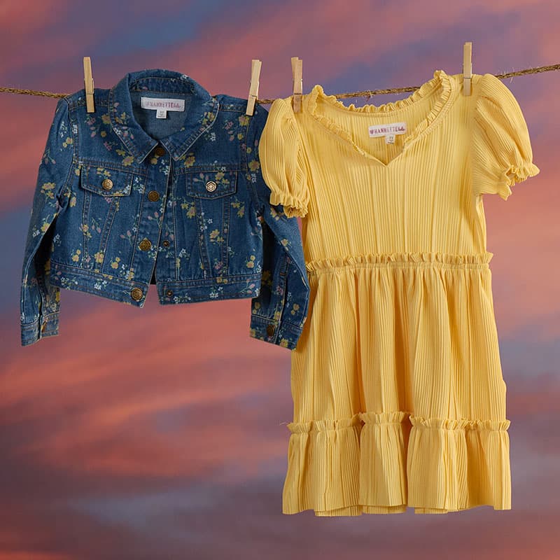 Toddler Floral Print Denim Jacket and Yellow Dress Set Cracker