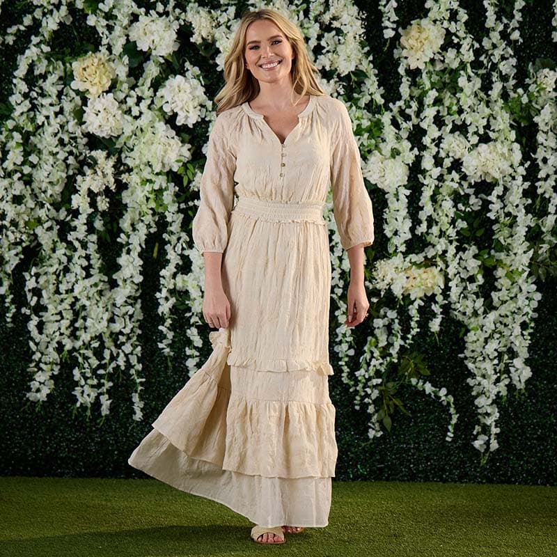 100 silk dress Pink Smocked Ruffle Tiered Puff Sleeve Maternity Maxi Dress – PinkBlush main image 1