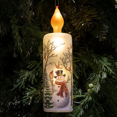 Lighted Glass Candle with Snowman Ornament