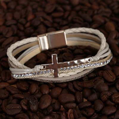 Faux Leather Wrap Cross Gold Bracelet