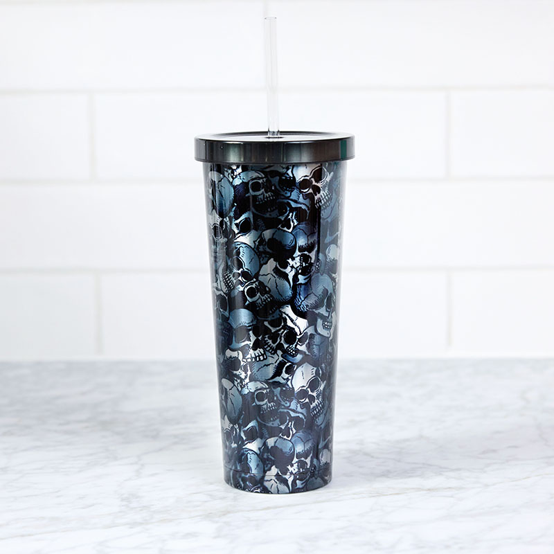 Metallic Sugar Skull Tumbler with Straw - Cracker Barrel