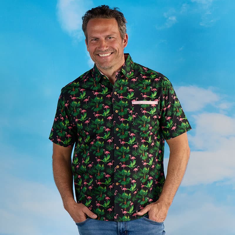 Short Sleeve Woven Flamingo Palm Black Shirt - Cracker Barrel