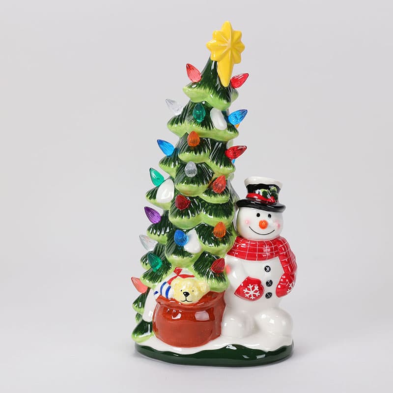 Light Up Ceramic Snowman with Christmas Tree - Cracker Barrel