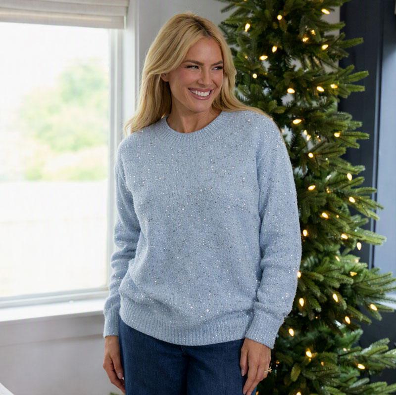 Blue Sequin Mock Neck Sweater - Cracker Barrel