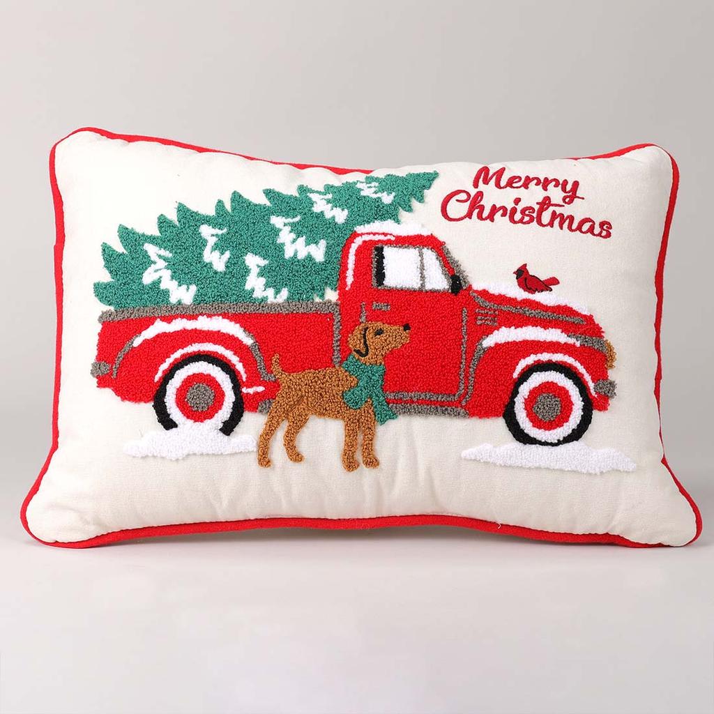 Old Red Truck or Horse Trailer Christmas Accent Pillow