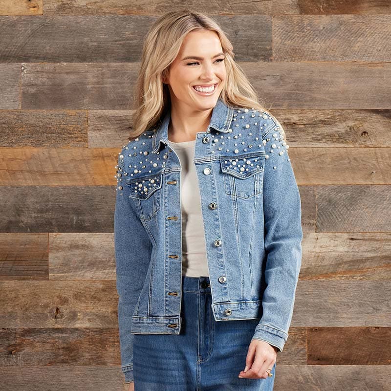 Pearl Denim Rhinestone Blue Jean Jackets Designed Beaded Pearl