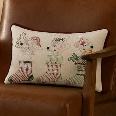 Embroided Christmas Mice Pillow