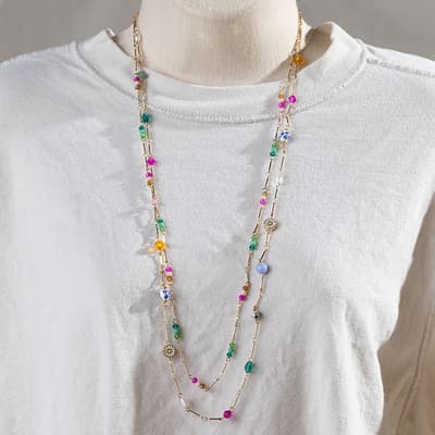 Beaded China Pattern Layer Necklace - Gold