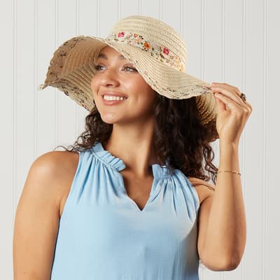 Straw Floppy Hat with Floral Ribbon