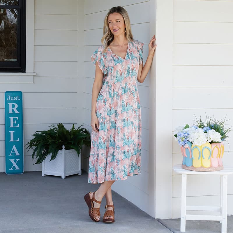 Coral and Aqua Print Dress - Cracker Barrel