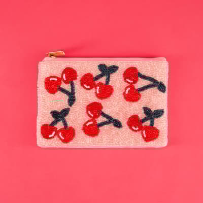Pink Beaded Pouch with Cherries