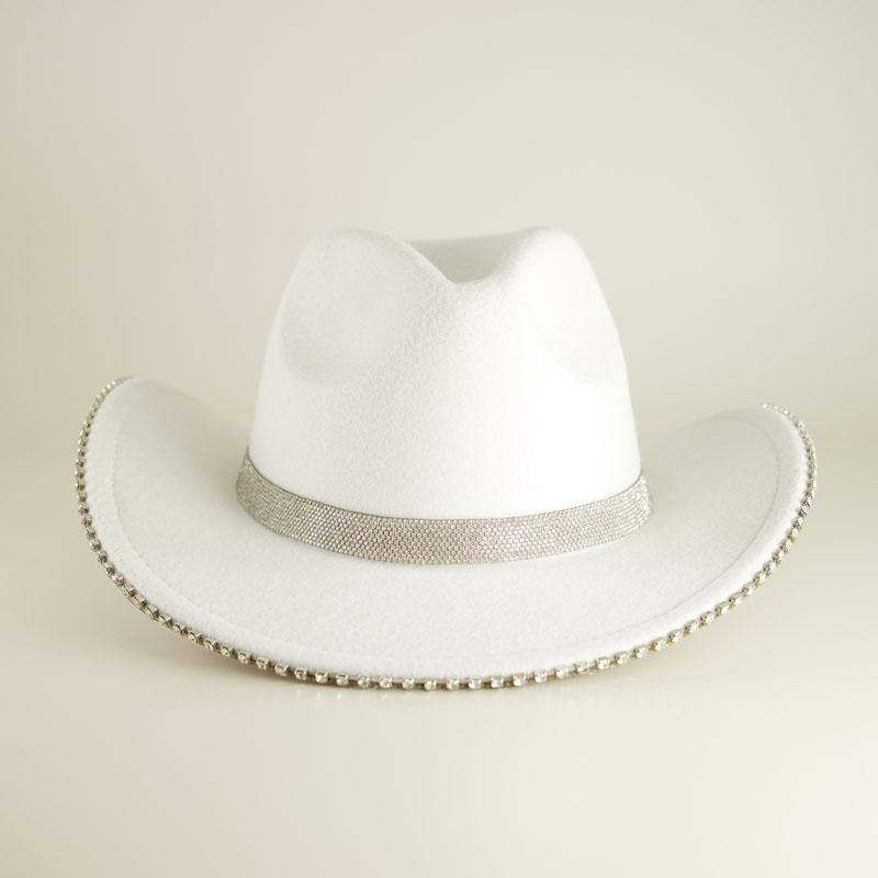 White Western Cowgirl Hat with Rhinestone Accent - Women Accessories MTKCM White Cowgirl Cowboy Hat Wide Brim Bling Rhinestone  main image 3