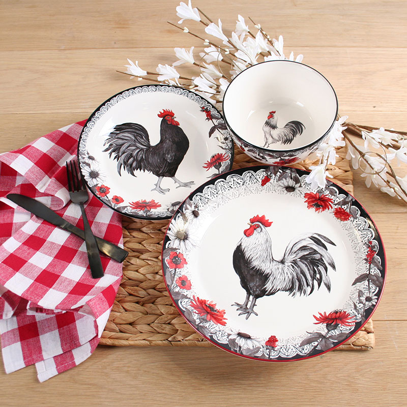 Stoneware Rooster 12 Piece Dinnerware Set Cracker Barrel