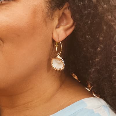 Gold Shell and Pearl Drop Hoop Earrings