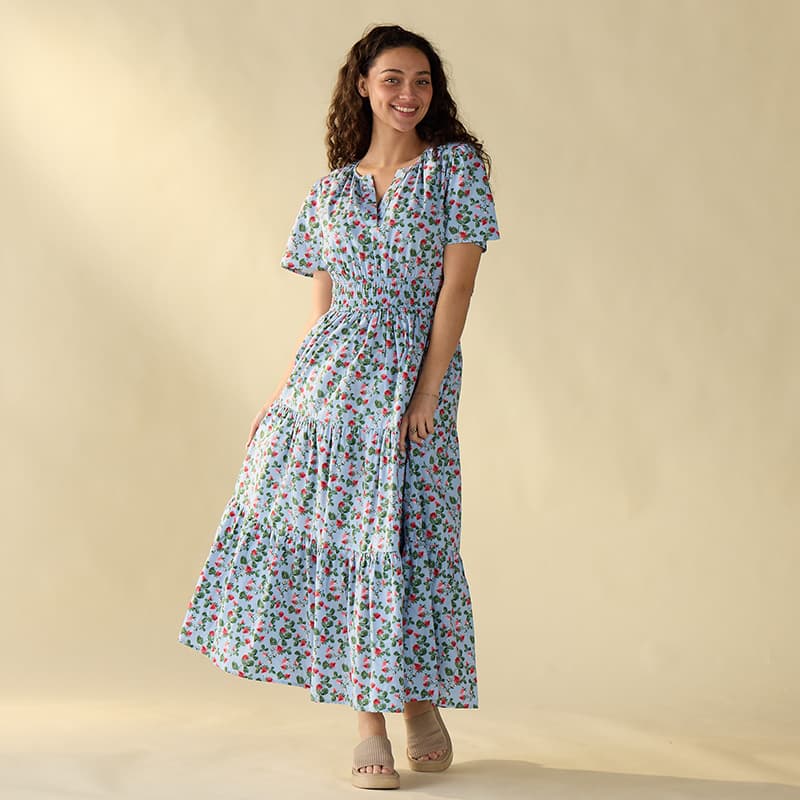 princess polly baby blue dress Strawberry Print Tier Blue Dress