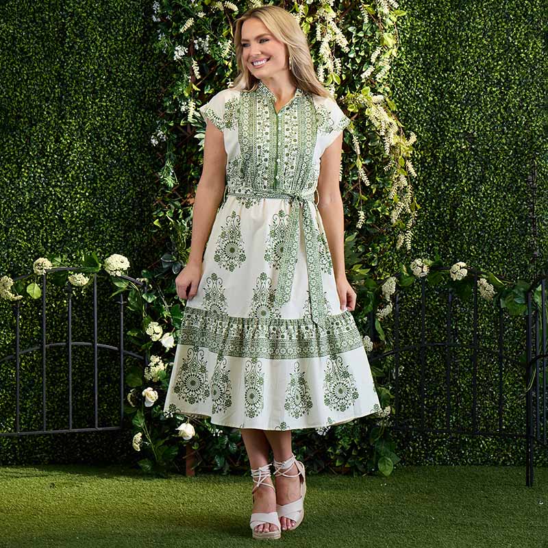Ivory and Green Border Print Midi Dress - Cracker Barrel