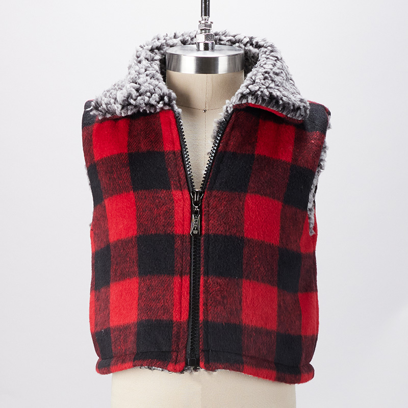 Checkerboard Fleece Sherpa Vest Coat main image 1