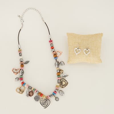 Beaded Heart Necklace and Earring Set - Silver