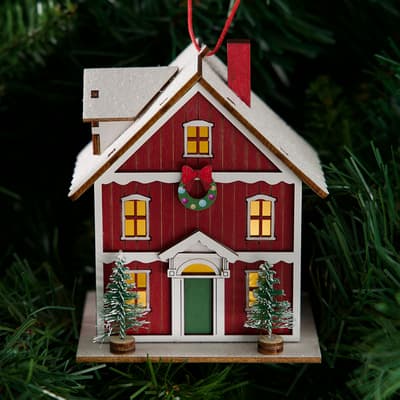 Wood House Ornament - Red
