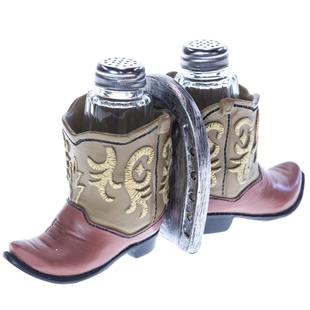 Fancy Cowboy Boot Salt and Pepper Shaker Set or Decorative Display Stand  Figurine with Spur & Texas Star for Country Western Kitchen Decor and Table