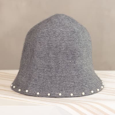 Gray Knit Pearl Rim Bucket Hat