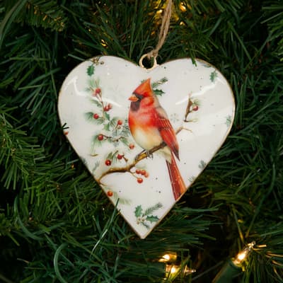 Cardinal Metal Heart Ornament
