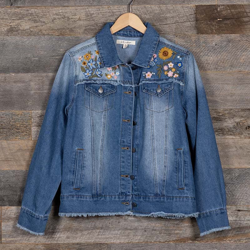 Flower embroidered jean jacket best sale