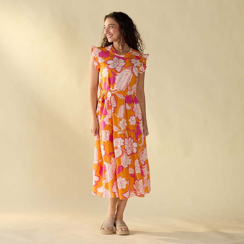 Orange and Pink Print Midi Dress - Cracker Barrel