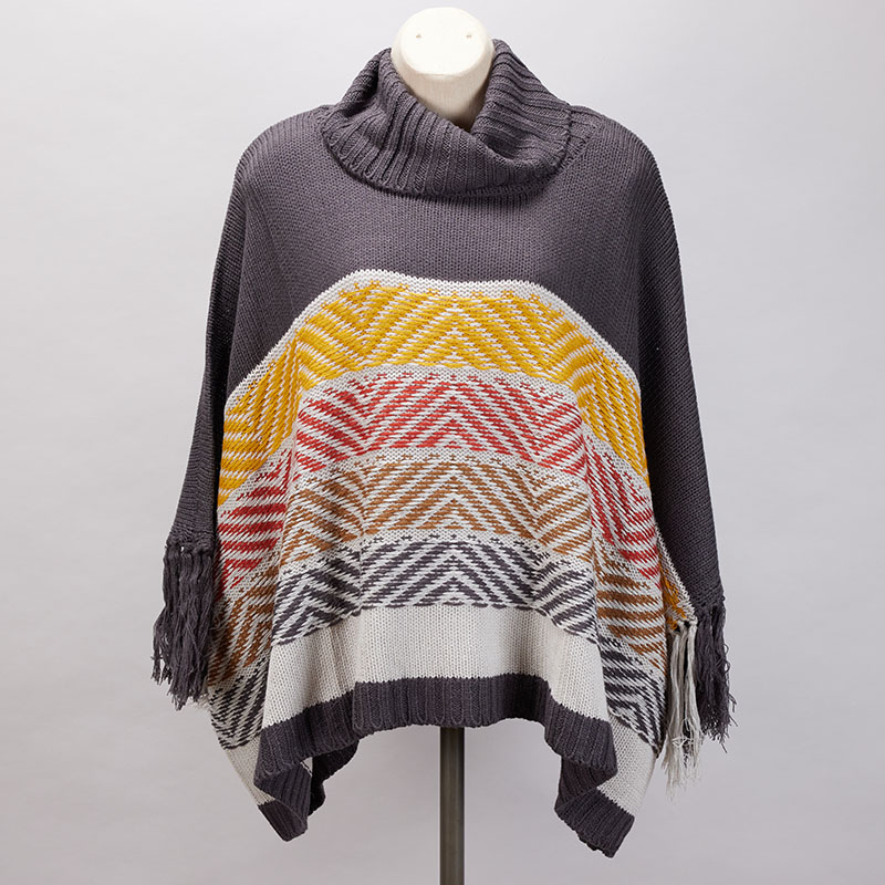 Gray with Stripe Sweater Poncho - Cracker Barrel
