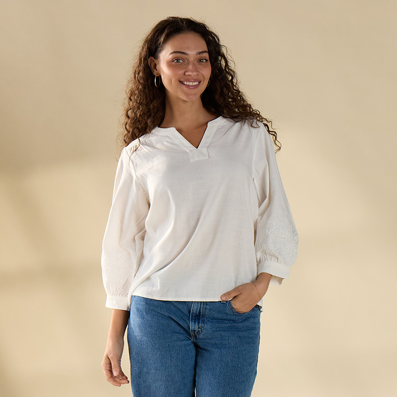 Split Neck White Top with Embroidered Sleeves - Cracker Barrel