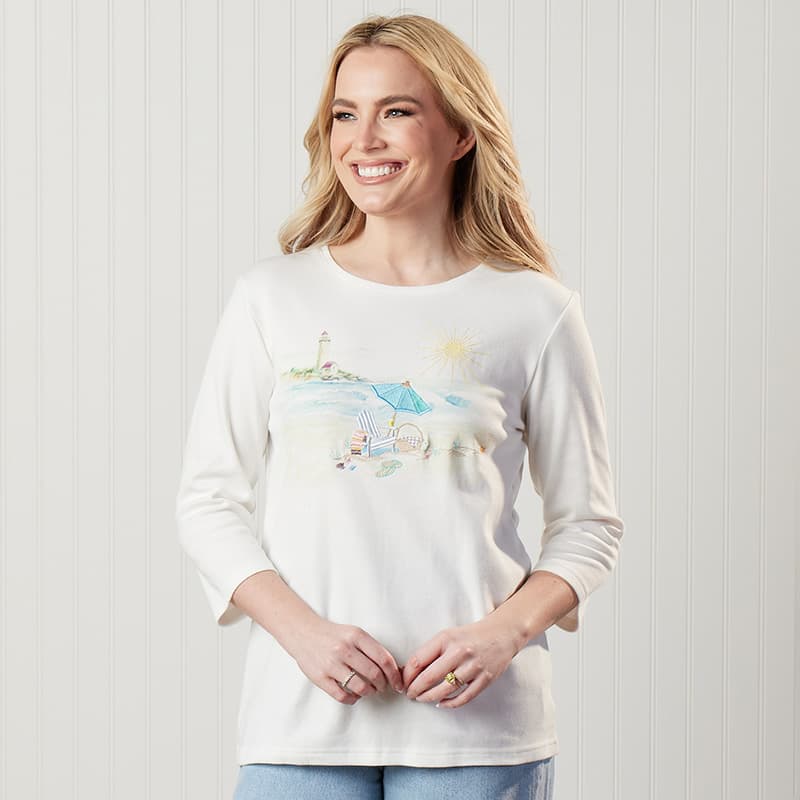 Beach Scene Embroidered White Top - Cracker Barrel
