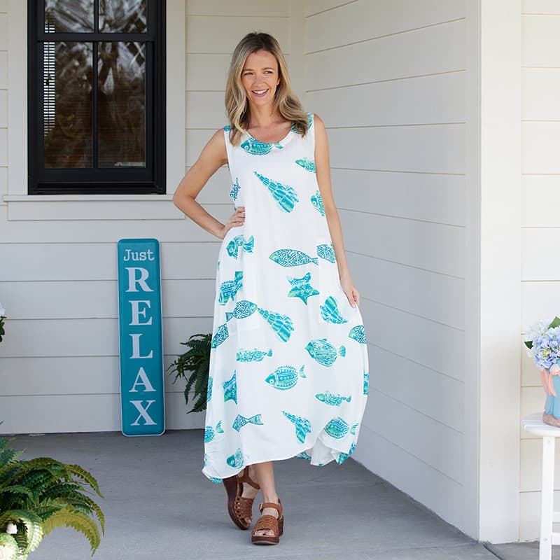 Fish Print Side Tie White Dress Cracker Barrel