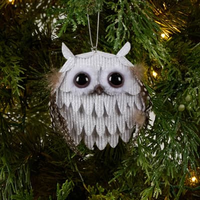 White Glitter Owl with Feathers Ornament