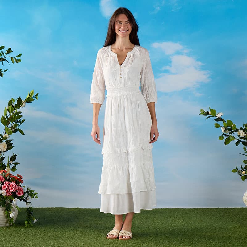 white embroidered smock dress Embroidered Smocked Waist White Dress