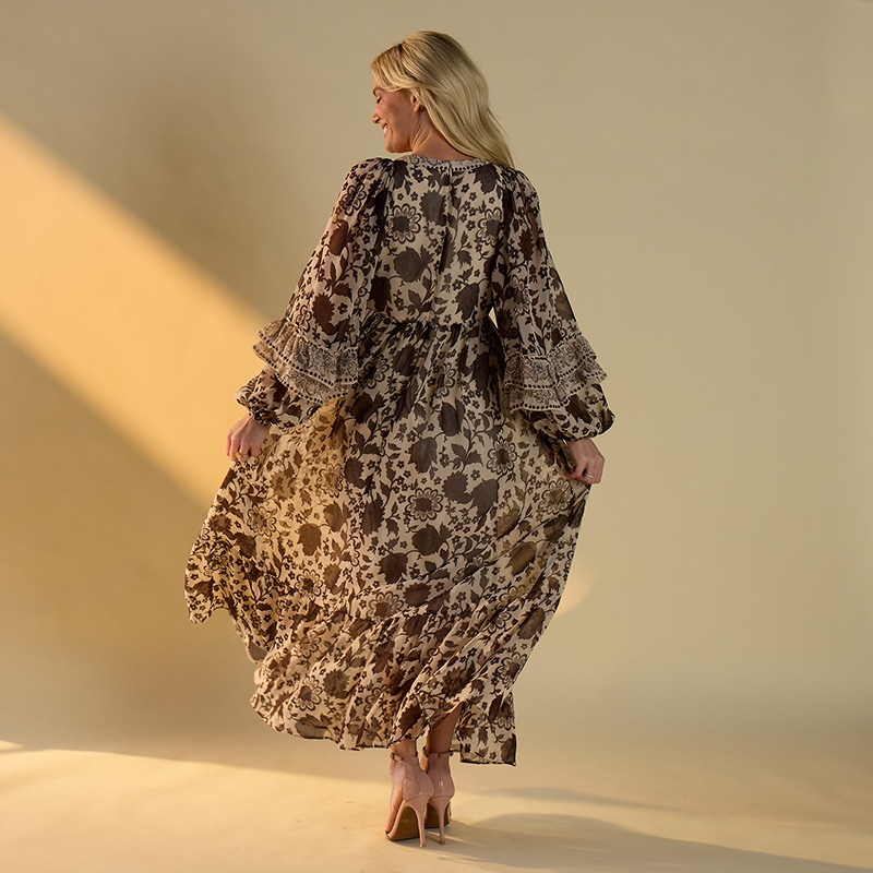 brown floral long sleeve maxi dress reviews Casanova Brown Floral Maxi Dress - XXL Size - Women's Dresses