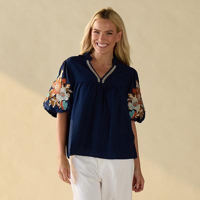 Navy Embroidered Sleeve Blouse