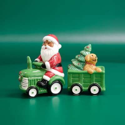 African American Santa Driving Tractor Salt and Pepper Set