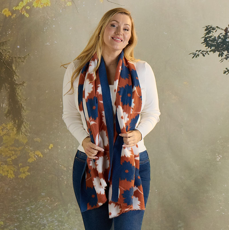 Orange, Cream, and Navy Floral Textured Scarf - Cracker Barrel display picture 1