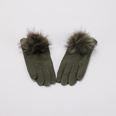 Green Faux Suede Gloves with Poms