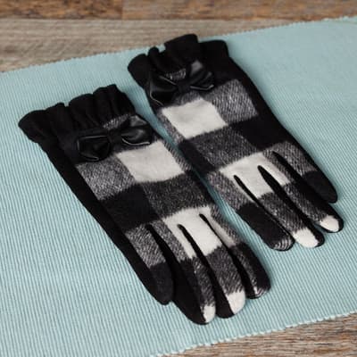 Black and White Plaid Gloves with Bow and Ruffle Cuffs